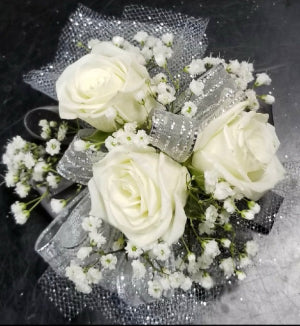 Wrist Corsage - White Rose w/ Silver