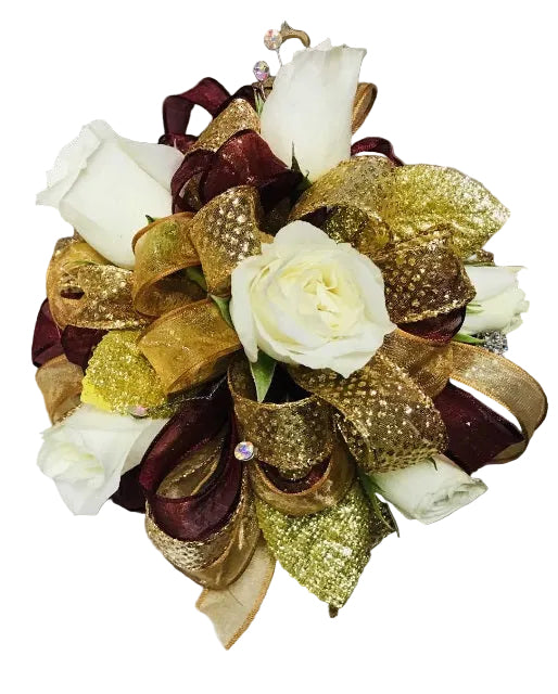 Large Wrist Corsage - White Rose w/ Gold & Maroon