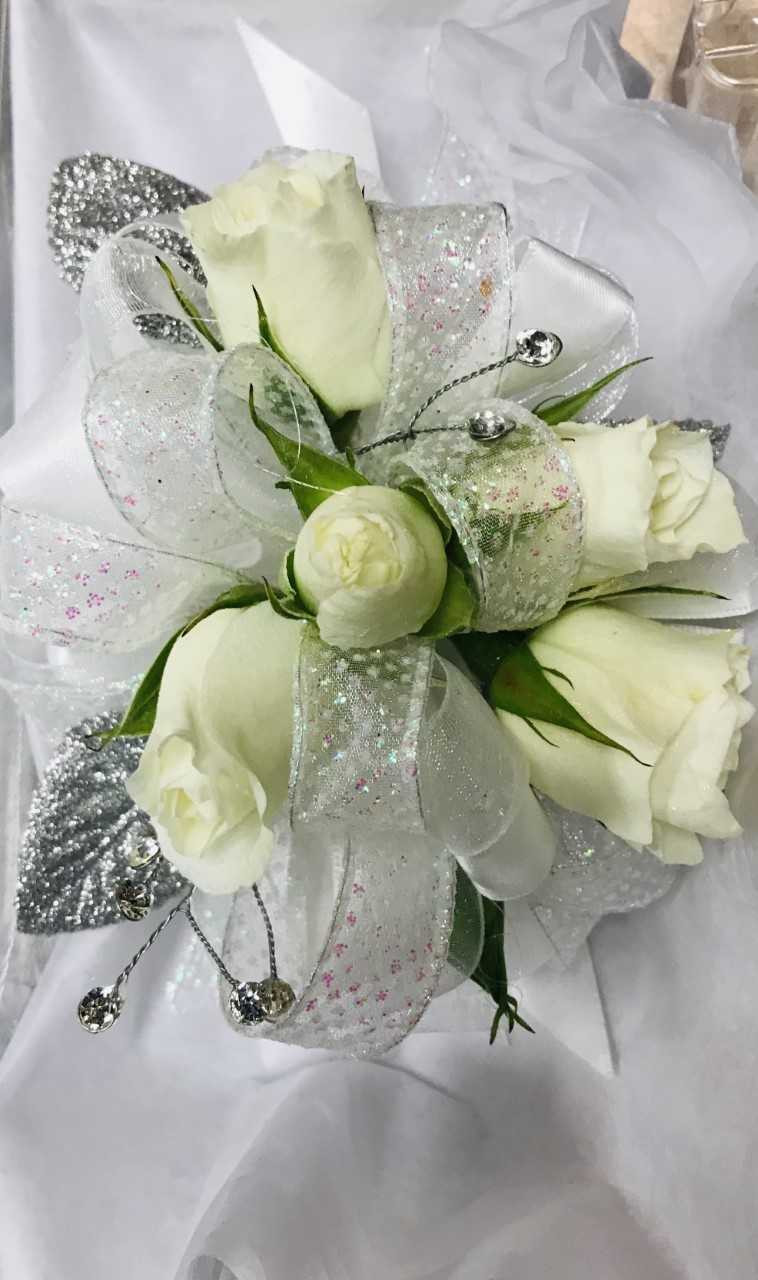 Large Wrist Corsage - White Rose w/ Silver