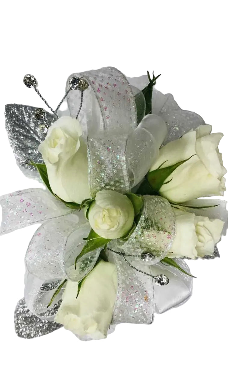 Large Wrist Corsage - White Rose w/ Silver