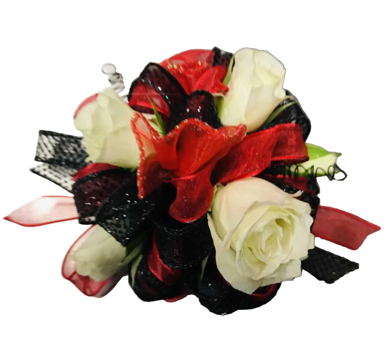 Large Wrist Corsage - White Rose w/ Red & Black