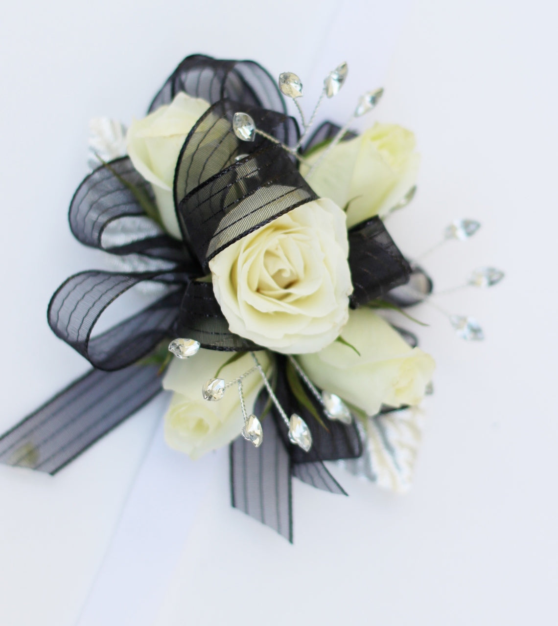 Wrist Corsage - White Rose w/ Black