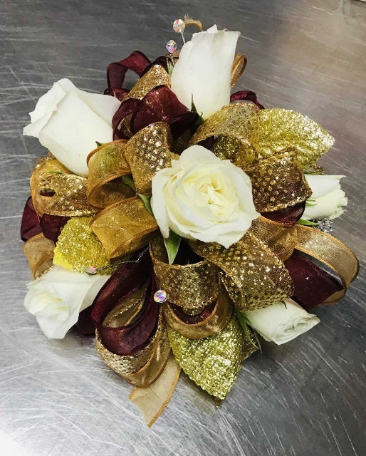 Large Wrist Corsage - White Rose w/ Gold & Maroon