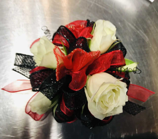 Large Wrist Corsage - White Rose w/ Red & Black