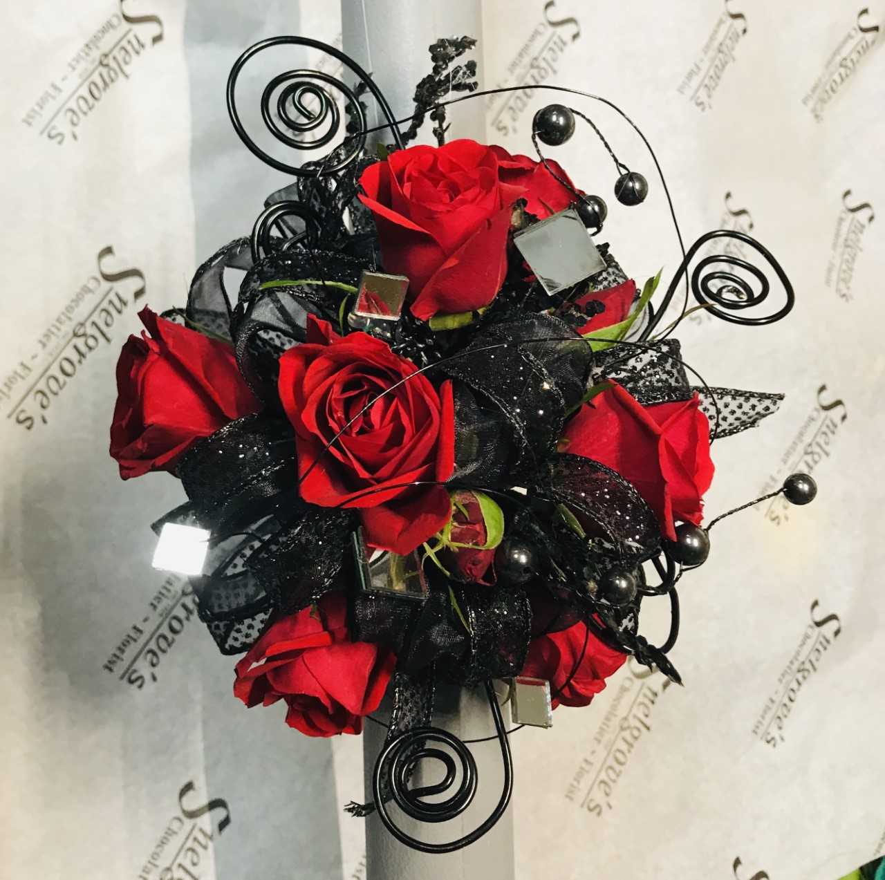 Large Wrist Corsage - Red Rose w/ Black