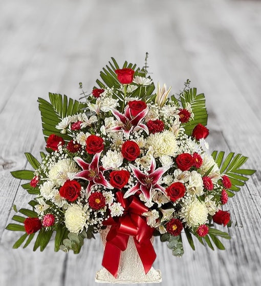 Sympathy Floor Basket - Red Rose & Lily