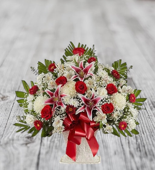 Sympathy Floor Basket - Red Rose & Lily