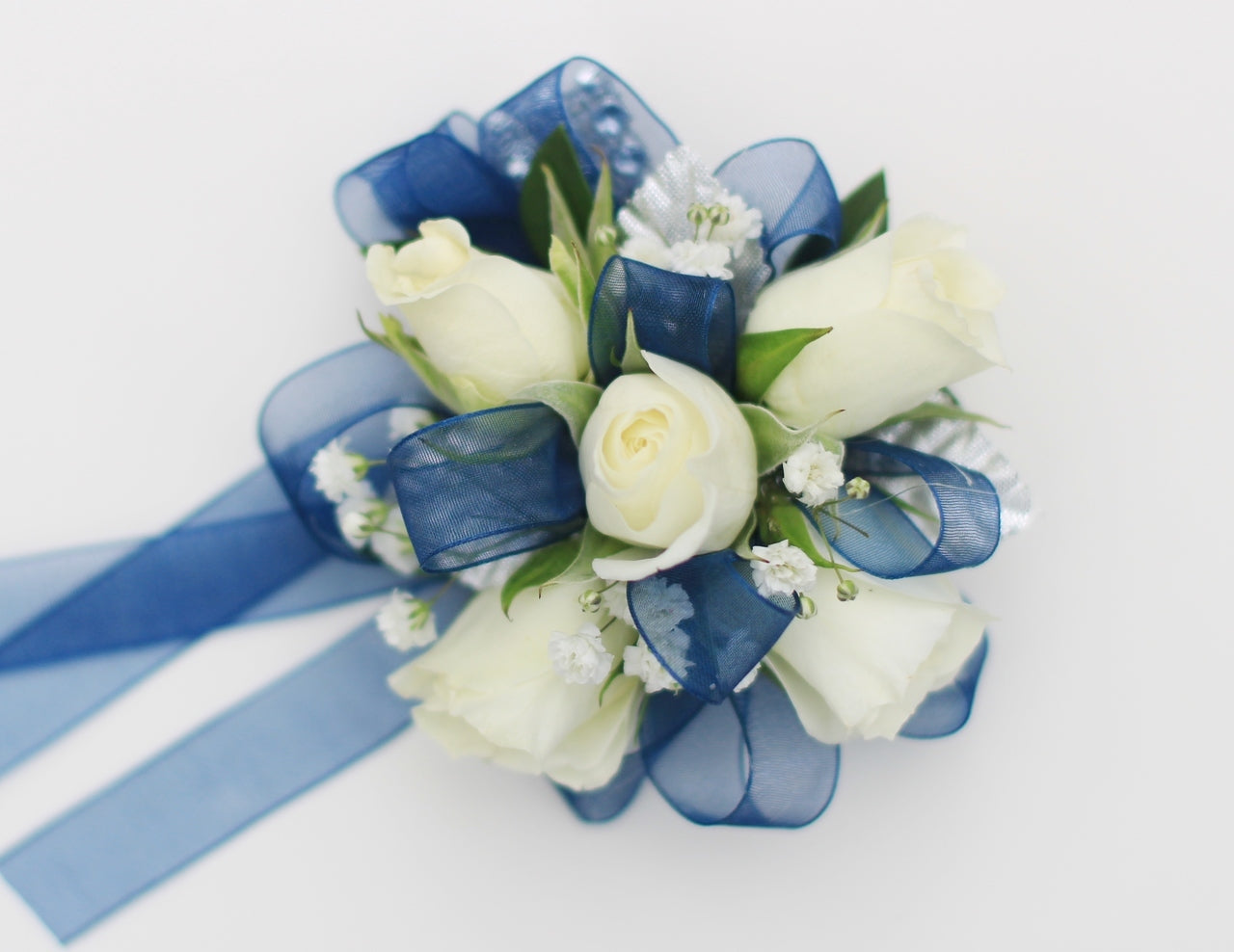 Wrist Corsage - White Rose w/ Blue