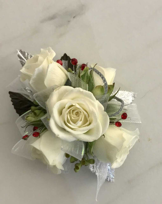 Wrist Corsage - White Rose w/ silver & Red Accents